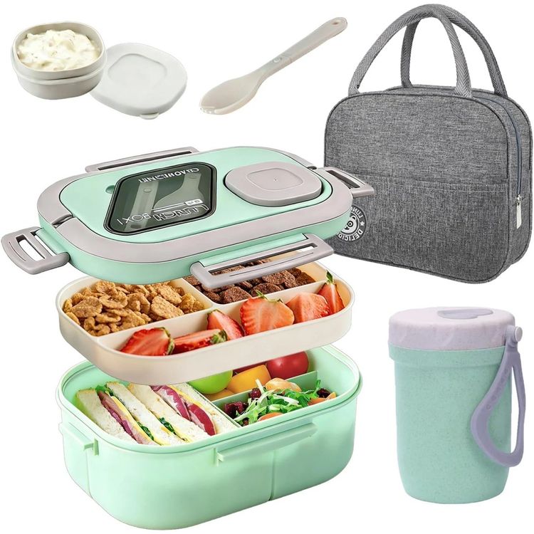 Mint Green Lunch Box Set With Gray Bag And Container image 1